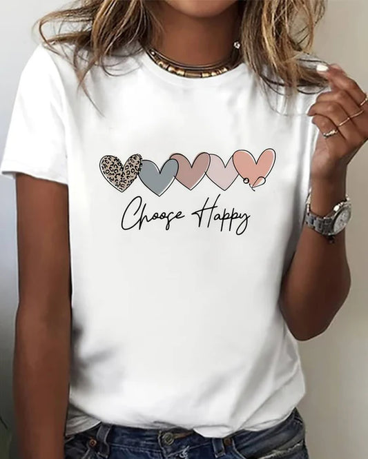 Avslappnad t-shirt med kort ärm och rund halsringning och kärlekstryck