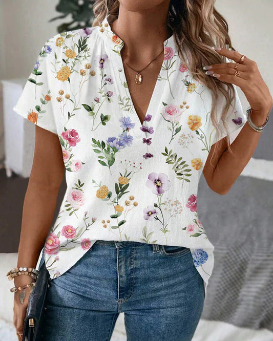 Kortärmad blus med blommönster